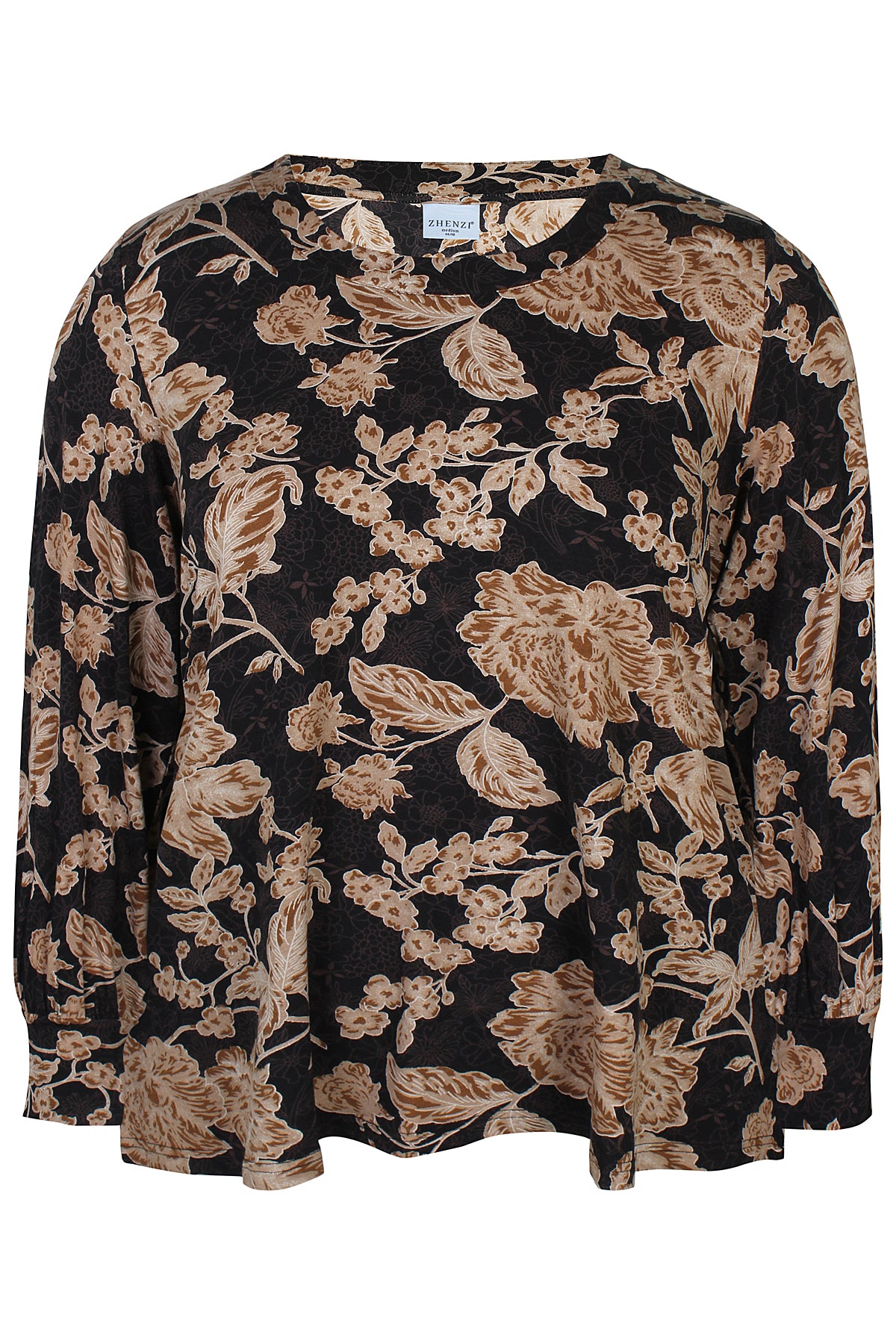 Zhenzi shirt zwart met bruin en beige print model Liane 201516