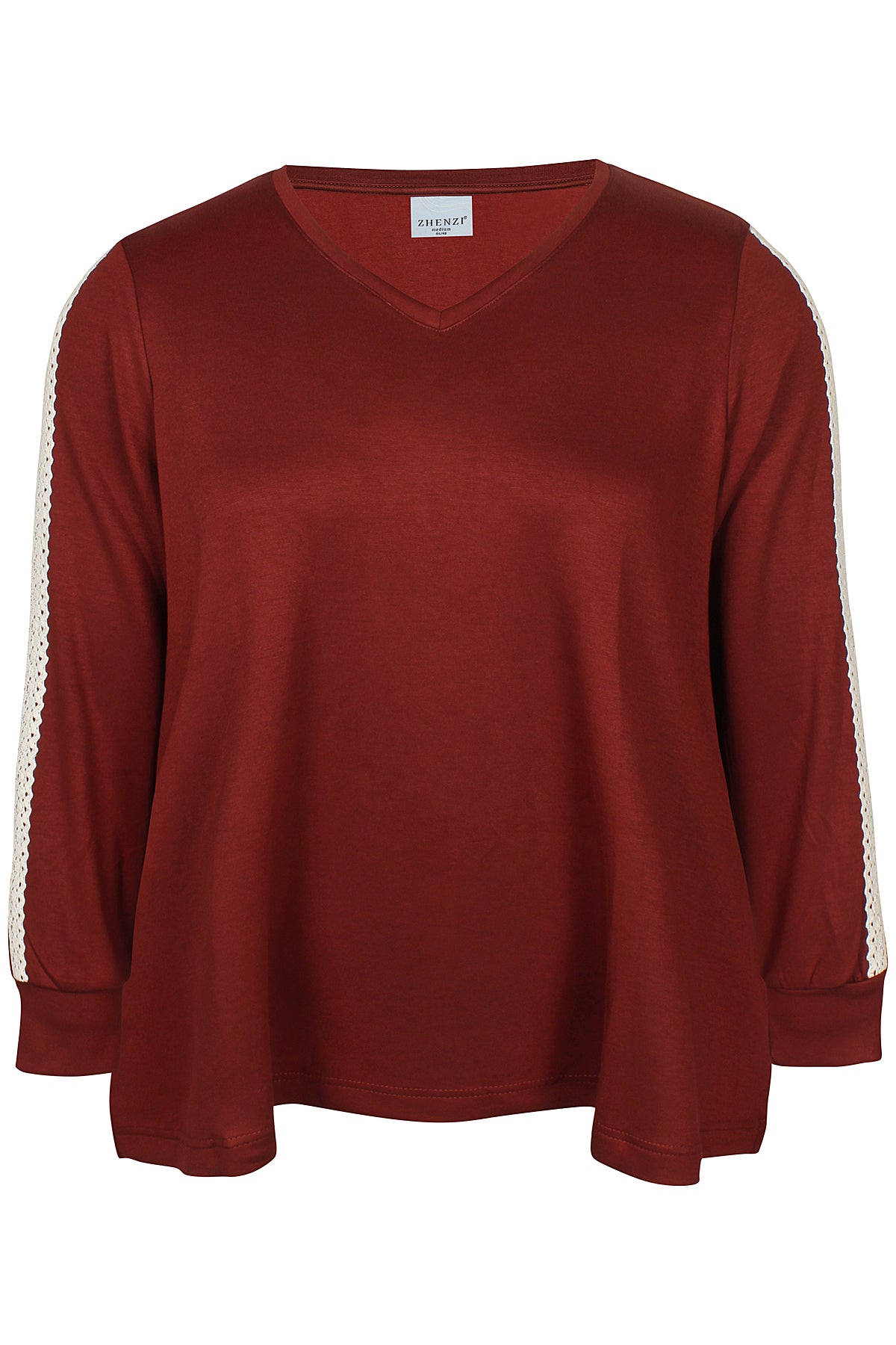 Zhenzi shirt roest bordeaux rood met kanten creme kleurige bies op mouw model Mya 201520
