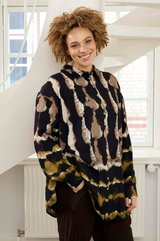 Zhenzi blouse bruin zwart groene print model Livia 201534