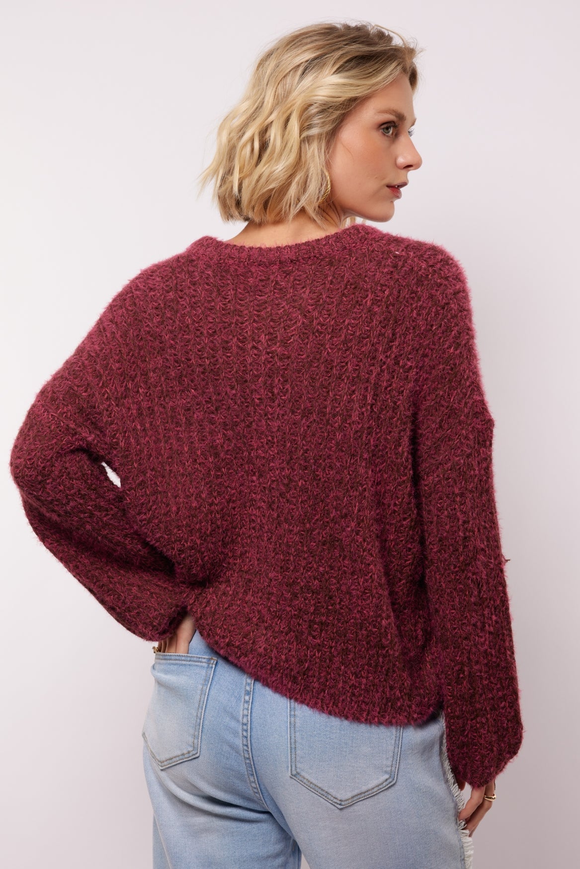 Fluresk vest roze met bruin model Kalista knit cardigan mocha brown raspberry