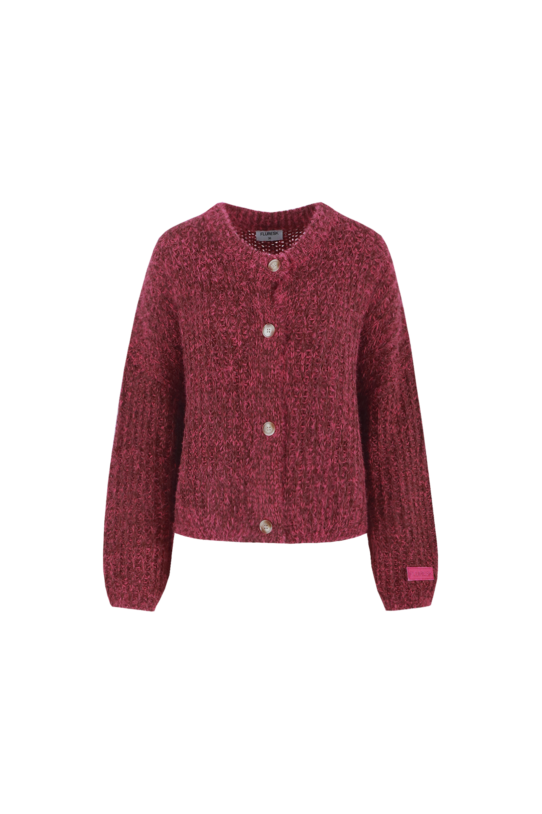 Fluresk vest roze met bruin model Kalista knit cardigan mocha brown raspberry