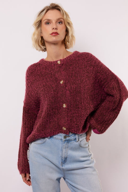 Fluresk vest roze met bruin model Kalista knit cardigan mocha brown raspberry