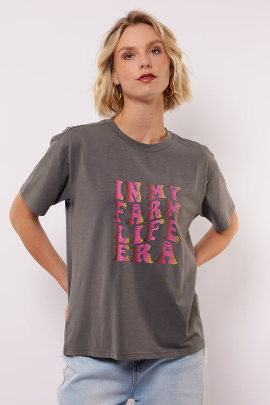 Fluresk T-shirt grijs met print model Nerina gray met roze opdruk