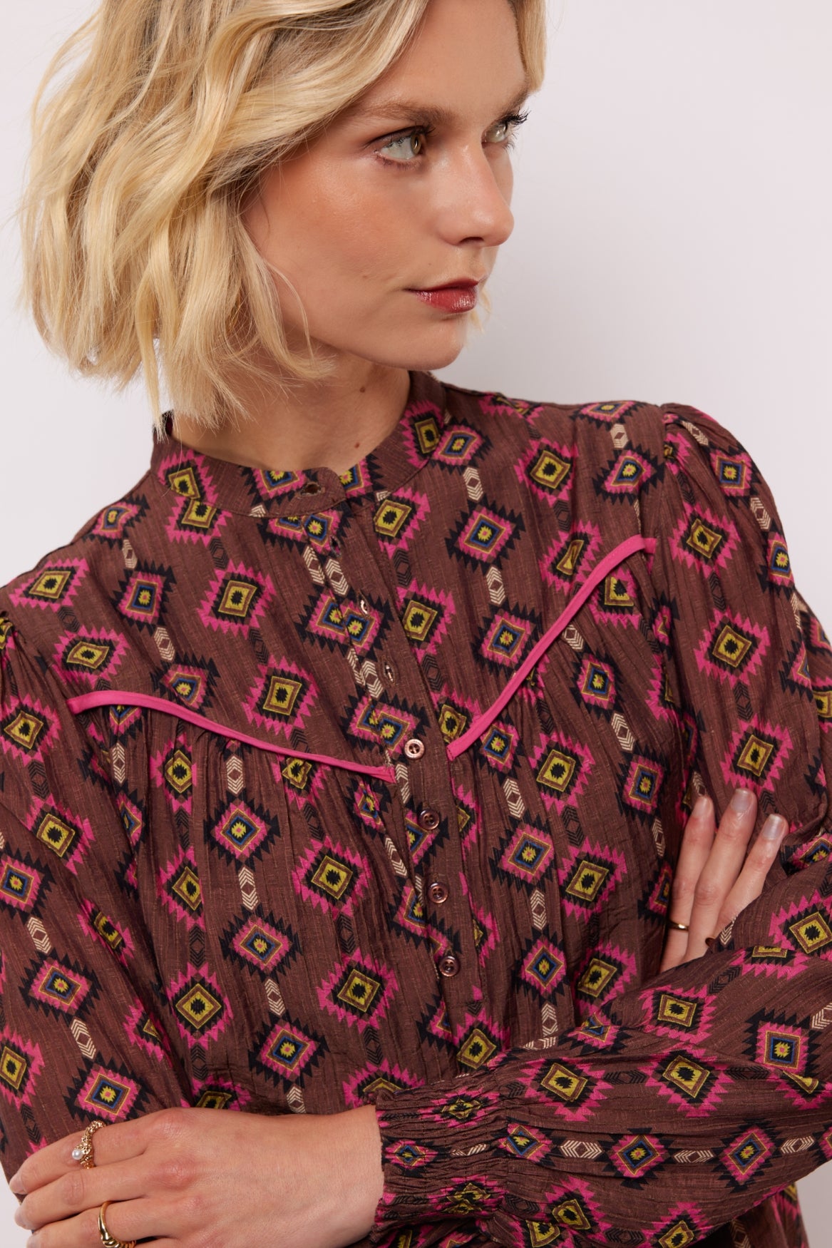 Fluresk blouse bruin roze print model Rhodes top mocha brown raspberry