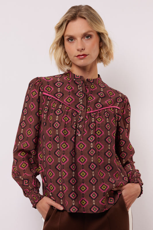 Fluresk blouse bruin roze print model Rhodes top mocha brown raspberry