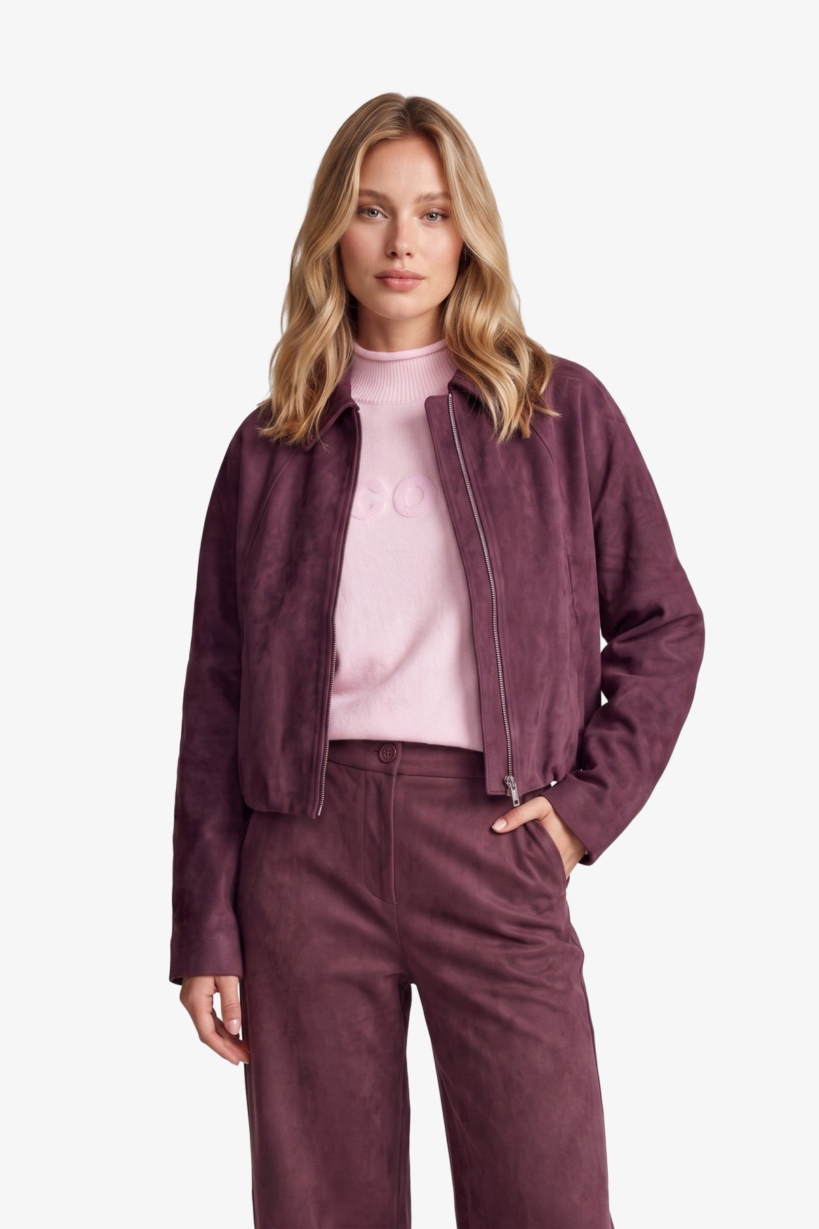 Fluresk suede look jasje bordeaux rood model Ginny jacket mulberry