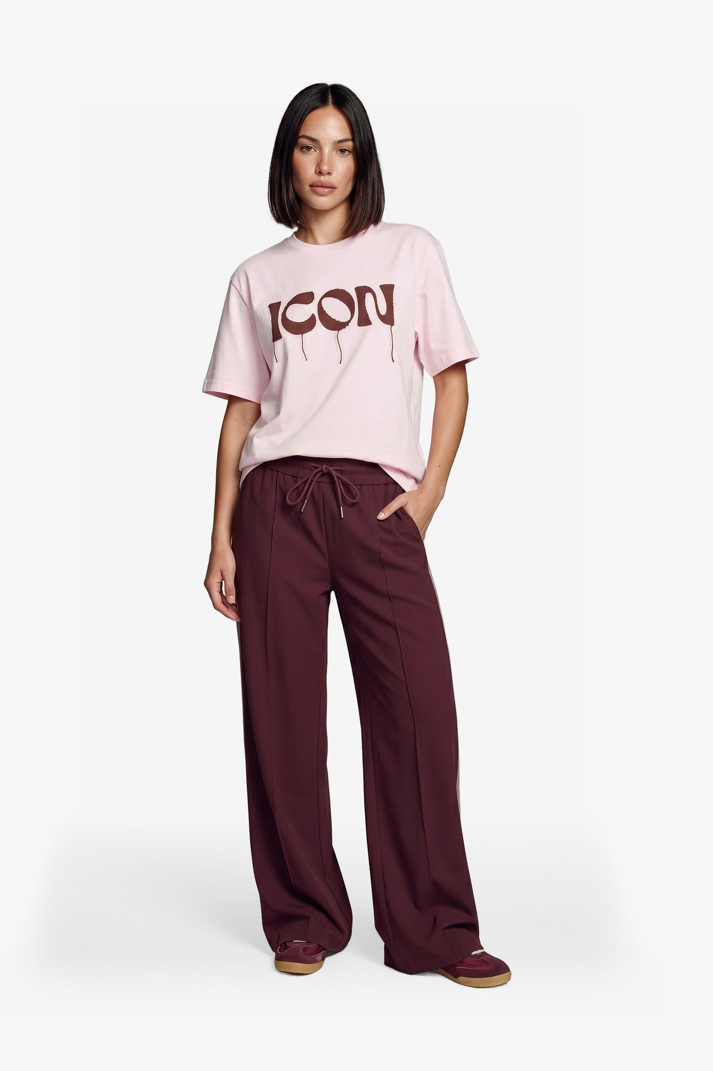 Fluresk broek bordeaux met zand kleurige streep en strass model Nyx broek Mulberry