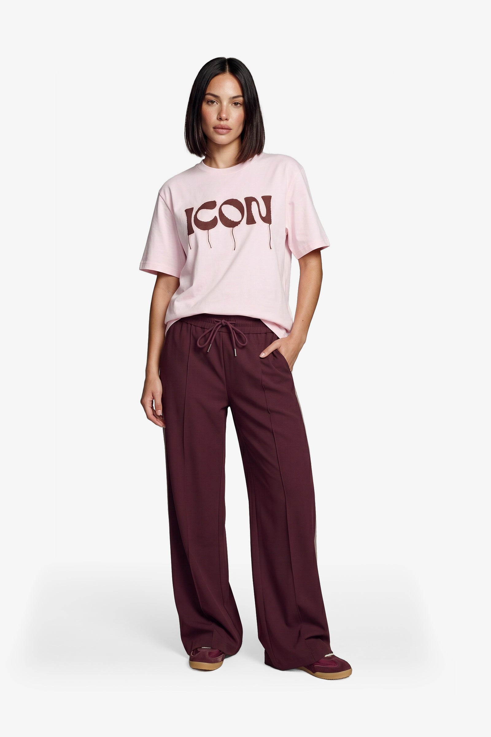 Fluresk broek bordeaux met zand kleurige streep en strass model Nyx broek Mulberry