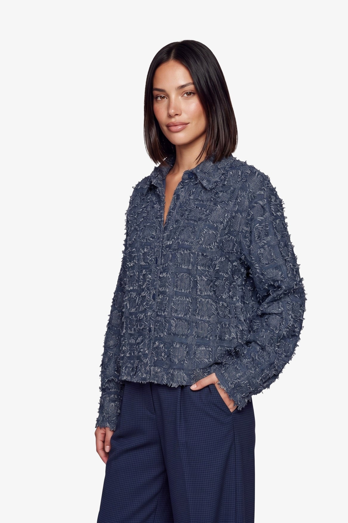 Fluresk blouse denim blauw met ruffle detail Kris Navy Blue