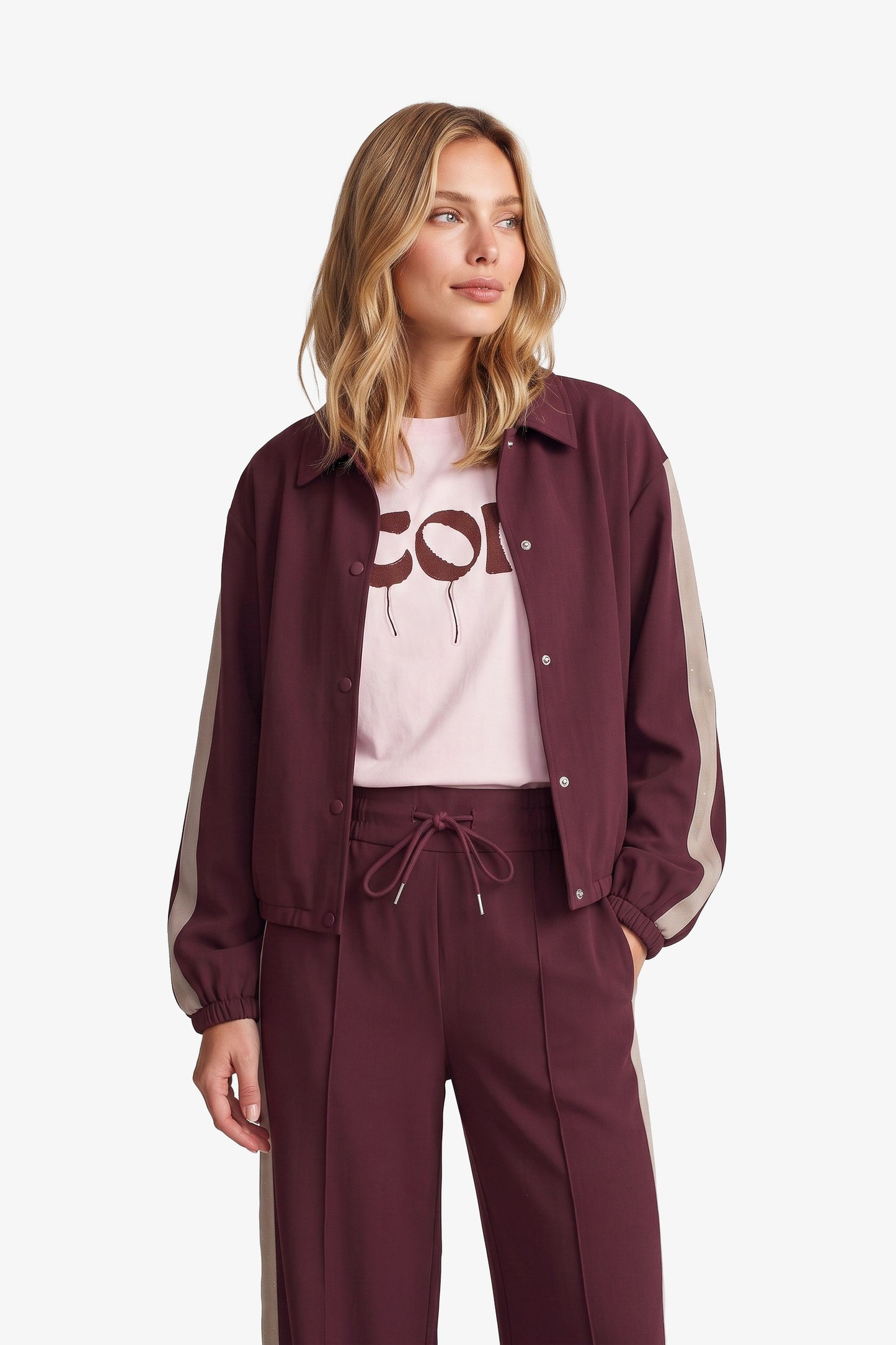 Fluresk jasje bordeaux rood met zandkleur streep en strass detail model Ro jacket Mulberry 26NQF26