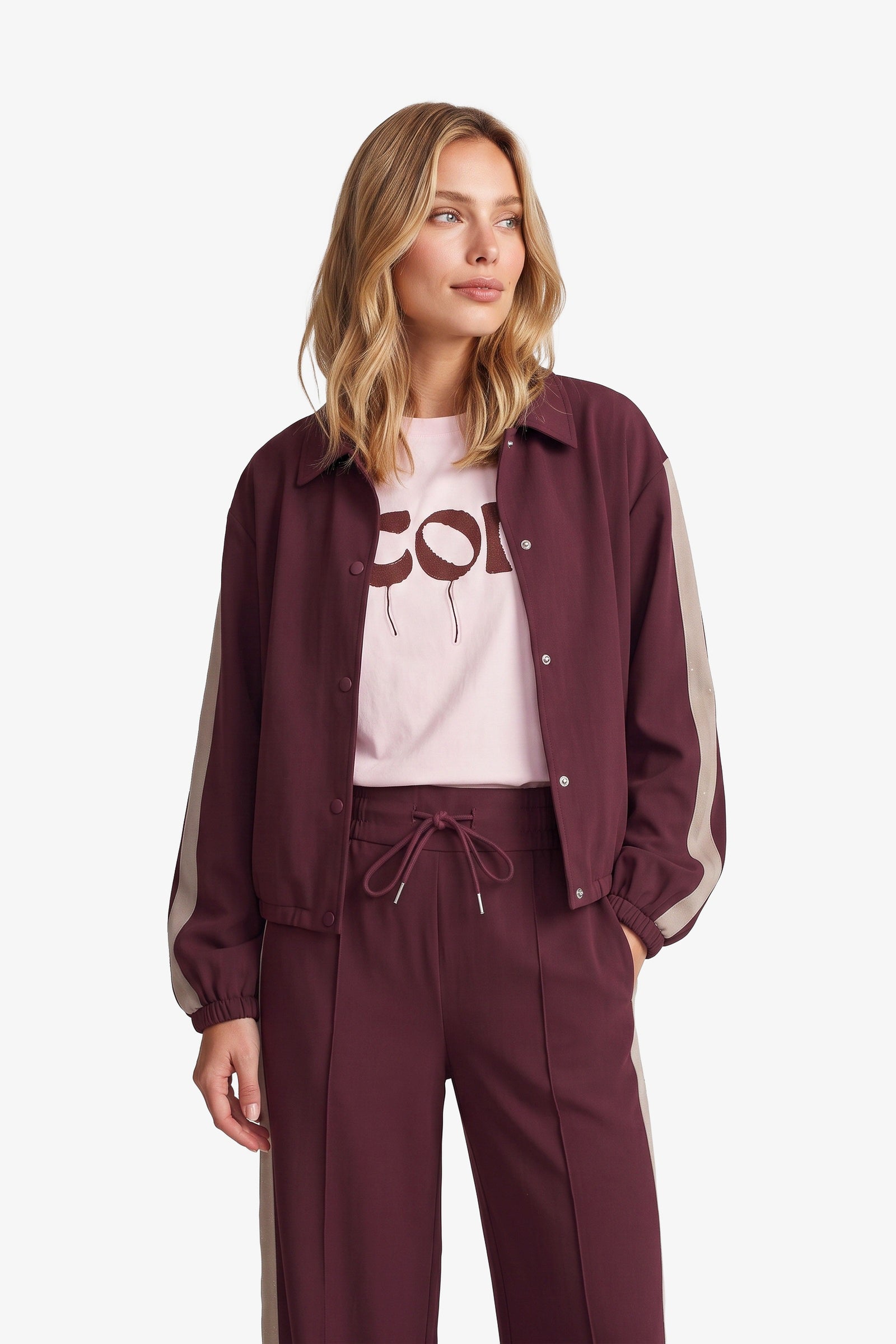 Fluresk jasje bordeaux rood met zandkleur streep en strass detail model Ro jacket Mulberry 26NQF26