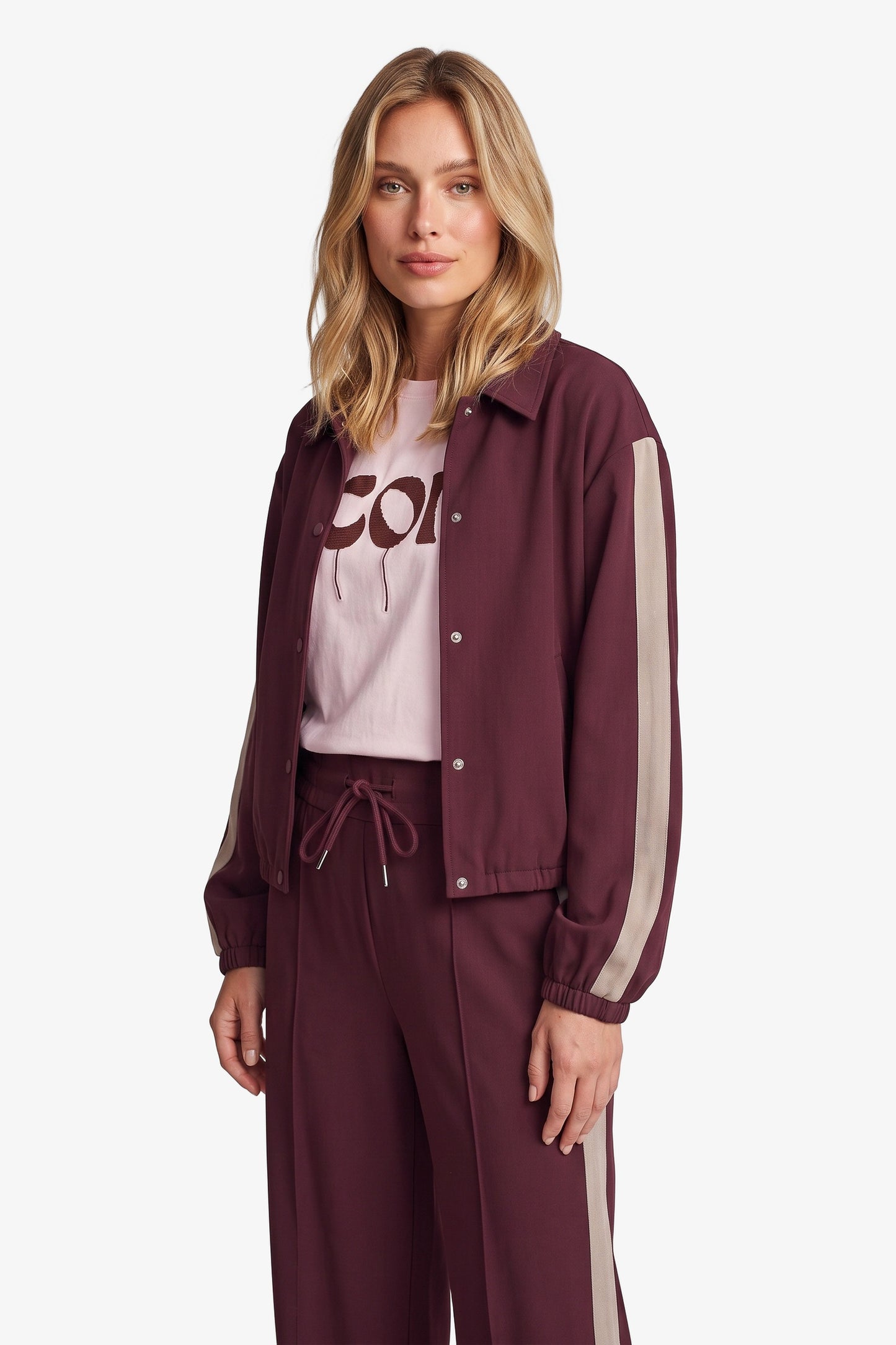 Fluresk jasje bordeaux rood met zandkleur streep en strass detail model Ro jacket Mulberry 26NQF26