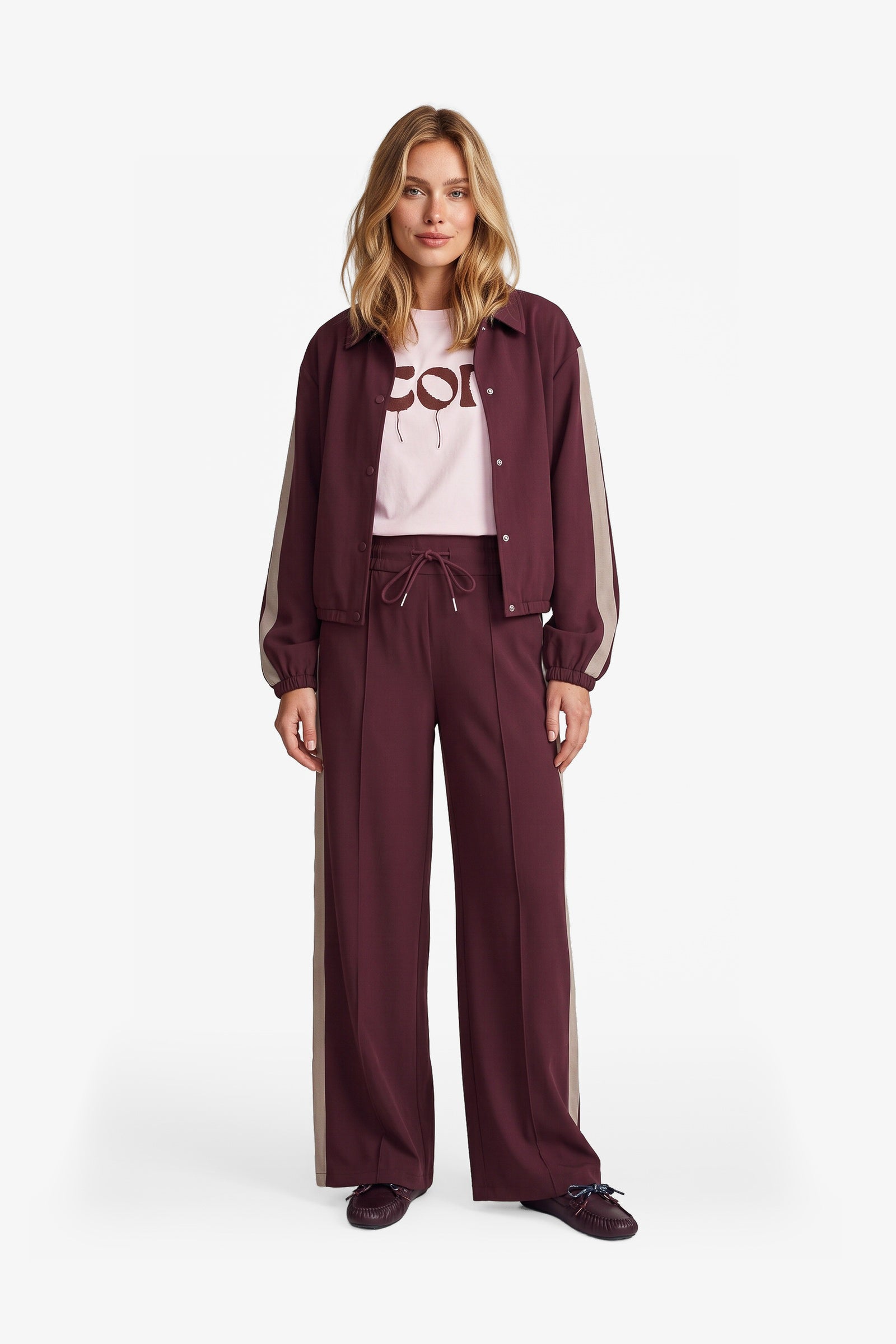 Fluresk jasje bordeaux rood met zandkleur streep en strass detail model Ro jacket Mulberry 26NQF26