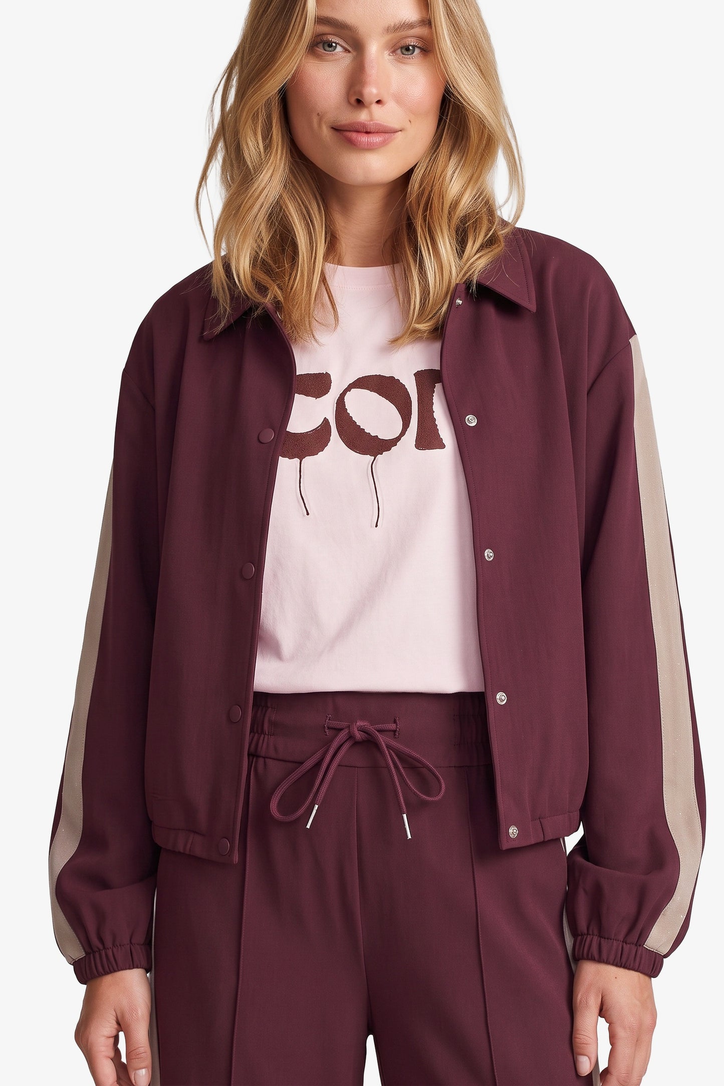 Fluresk jasje bordeaux rood met zandkleur streep en strass detail model Ro jacket Mulberry 26NQF26