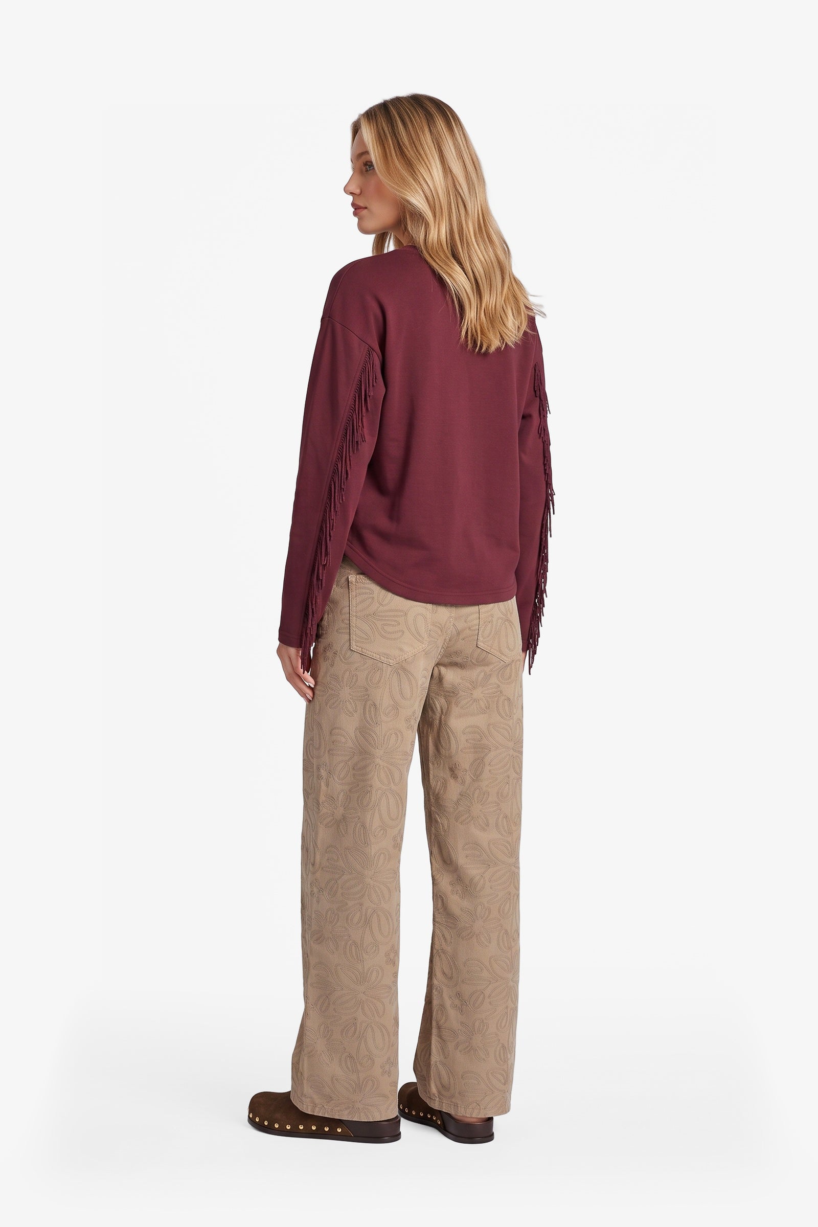 Fluresk sweater met franje op mouw bordeaux rood Zarah top 26NZF10 Mulberry