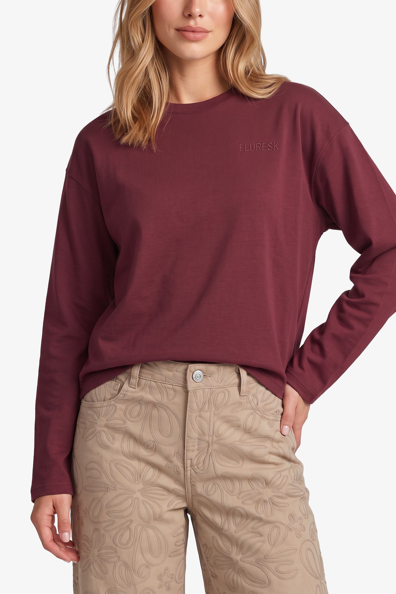 Fluresk sweater met franje op mouw bordeaux rood Zarah top 26NZF10 Mulberry