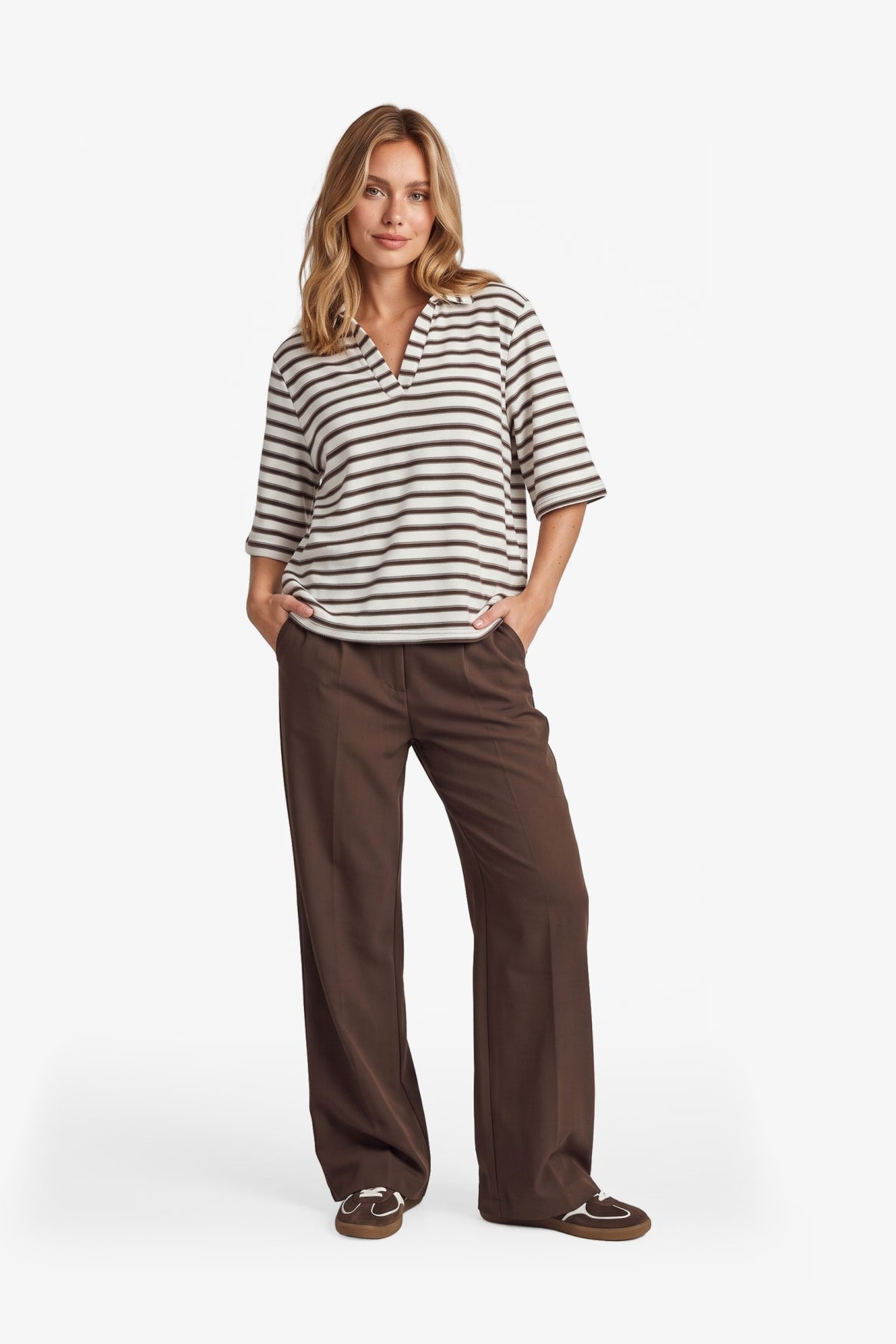 Fluresk shirt polo strepen beige en bruin model Clyde top dark chocolate