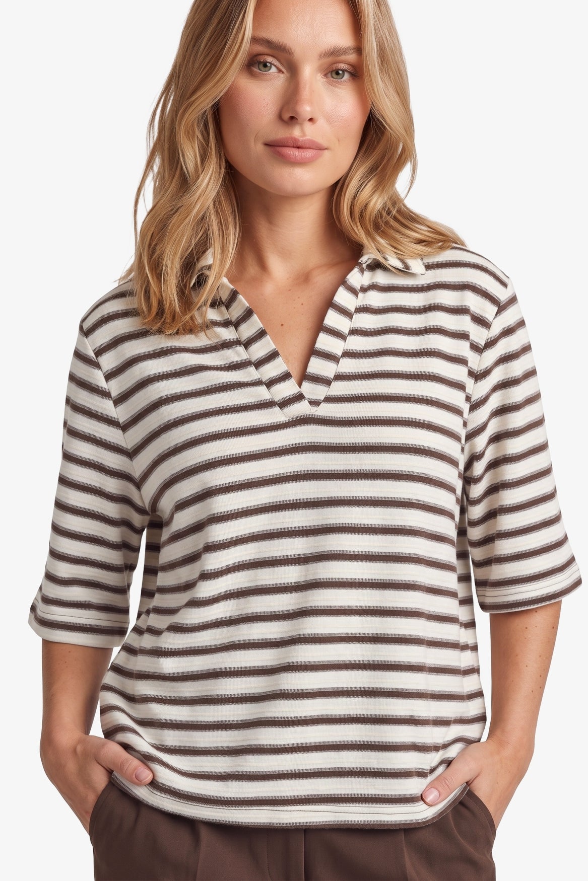 Fluresk shirt polo strepen beige en bruin model Clyde top dark chocolate