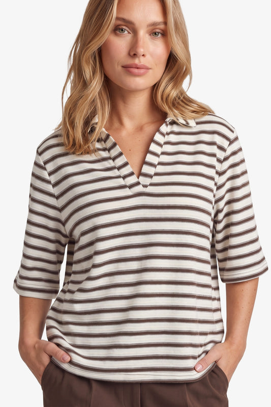 Fluresk shirt polo strepen beige en bruin model Clyde top dark chocolate