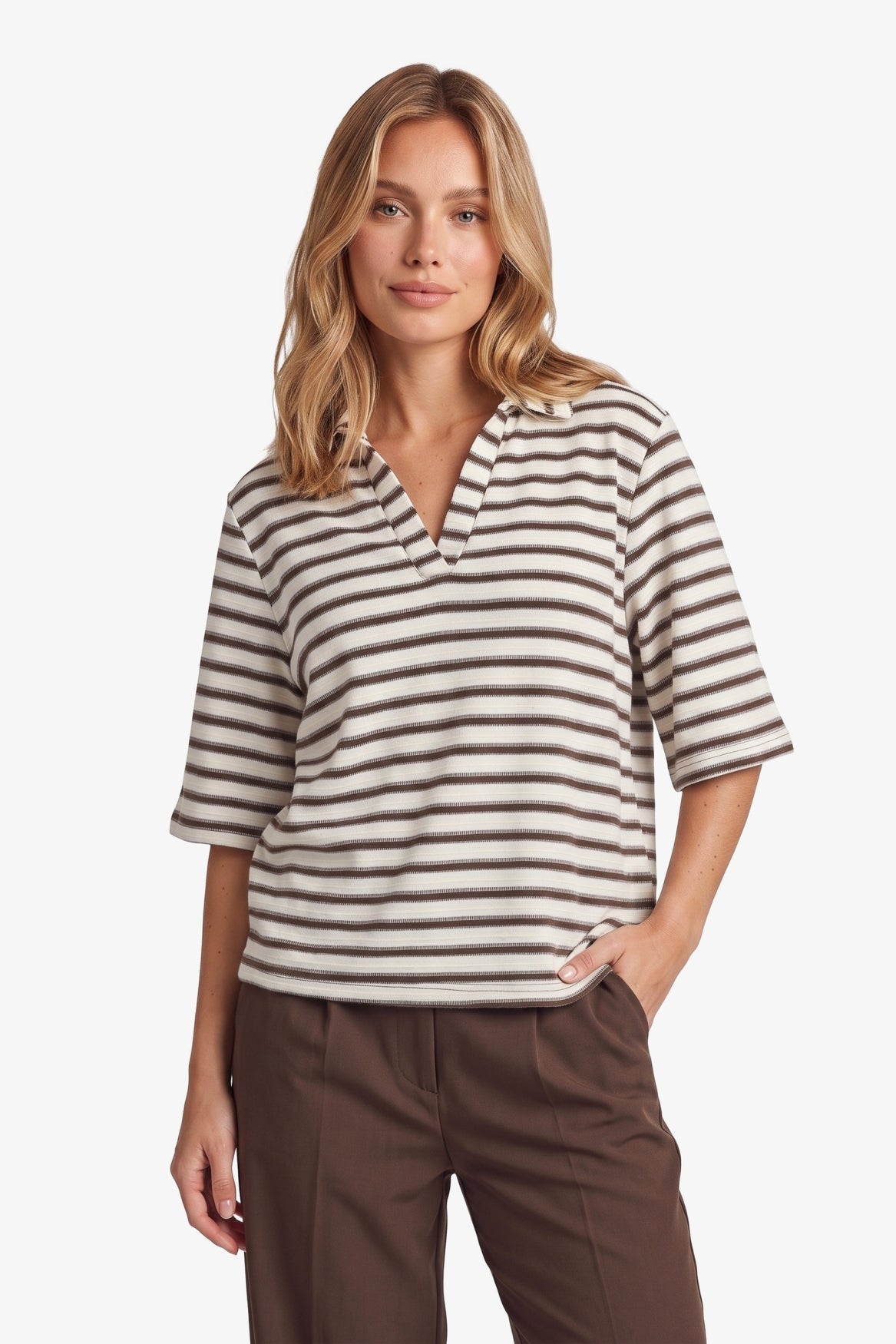 Fluresk shirt polo strepen beige en bruin model Clyde top dark chocolate