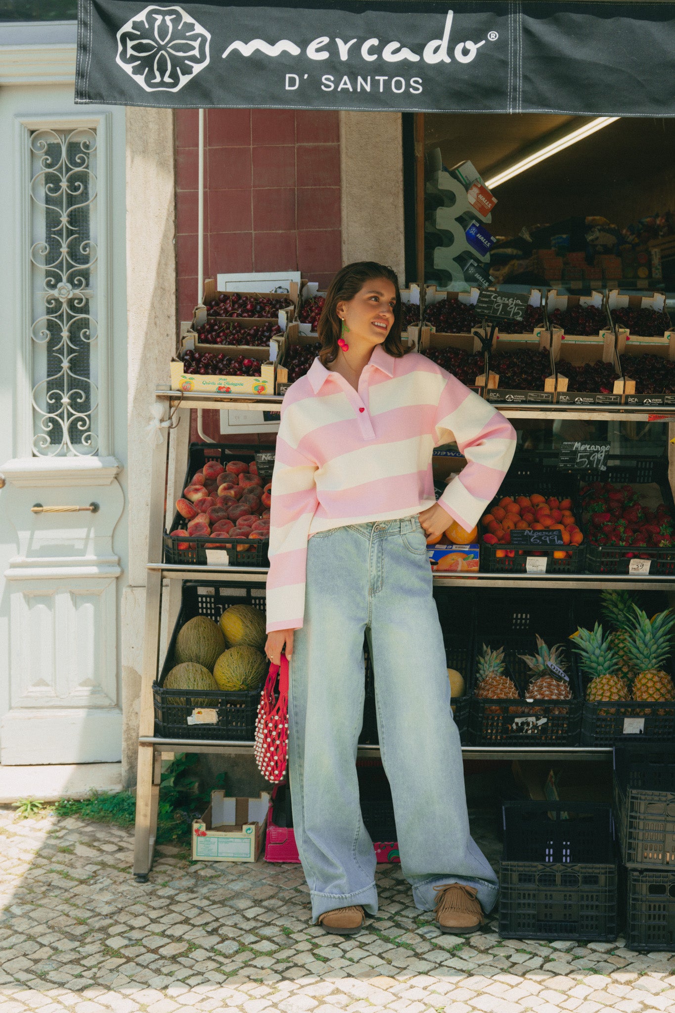 Fluresk polo trui offwhite roze gestreept model Zeyna sweater soft pink