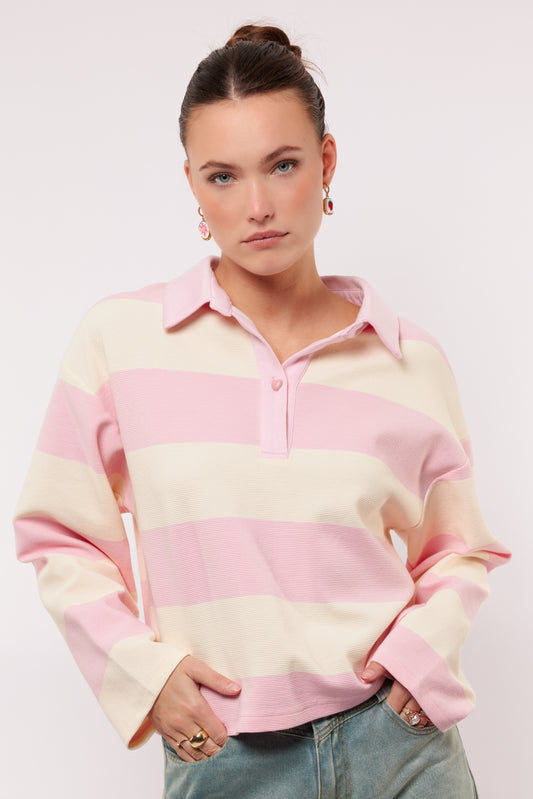 Fluresk polo trui offwhite roze gestreept model Zeyna sweater soft pink