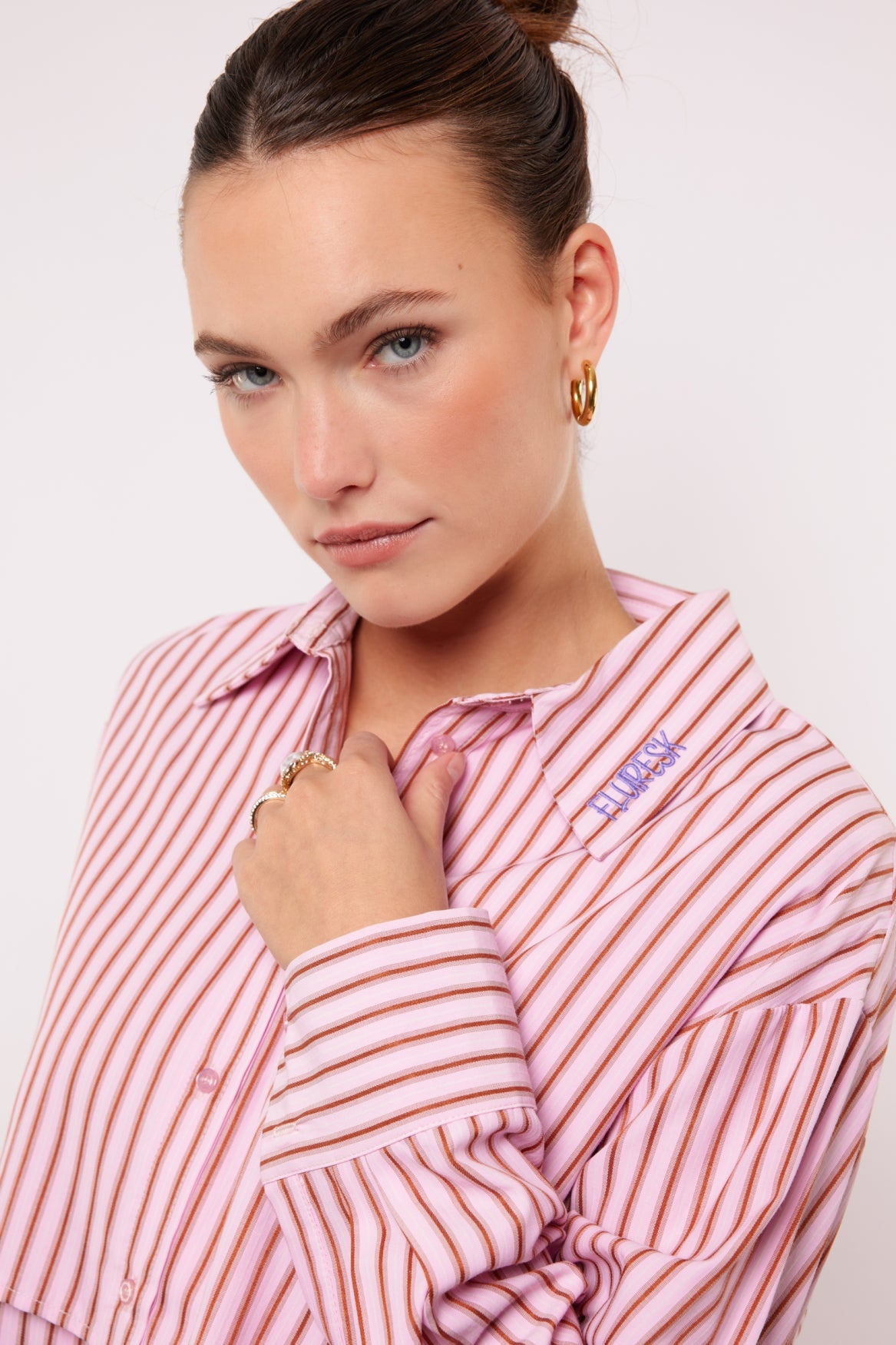 Fluresk blouse roze met bruin gestreept model Kia soft pink