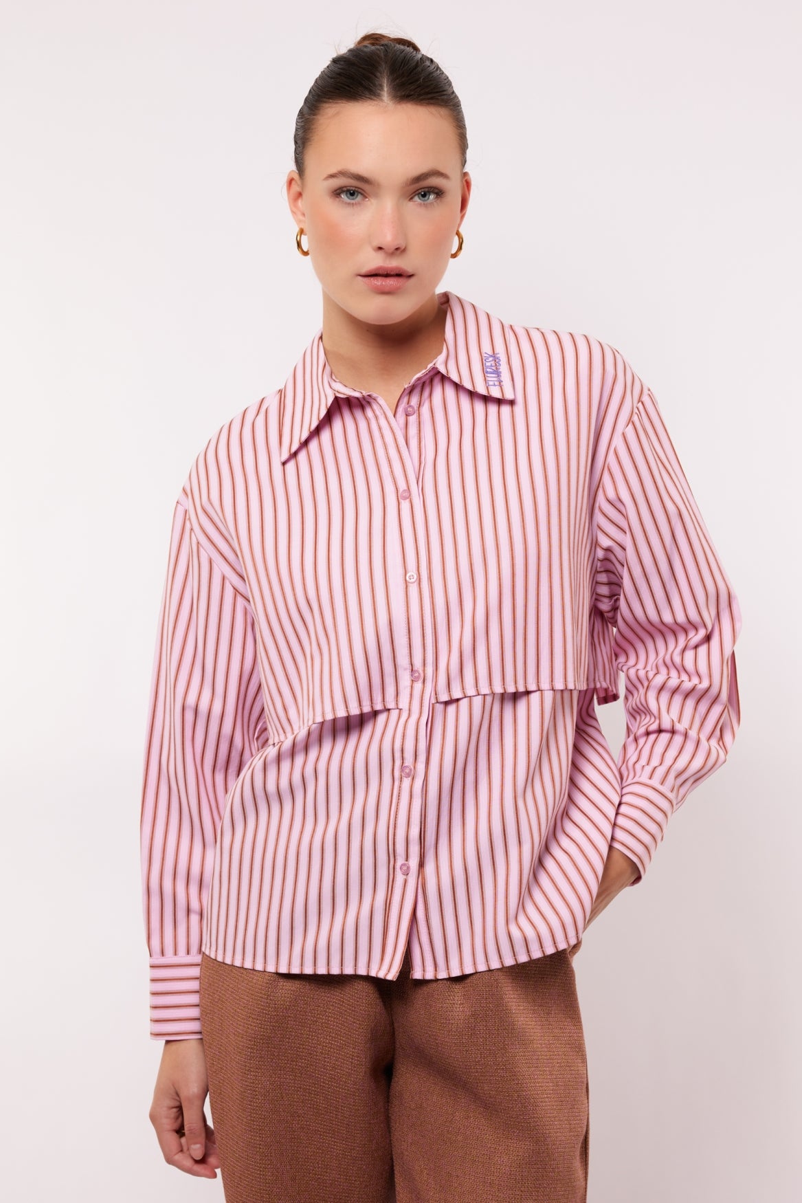 Fluresk blouse roze met bruin gestreept model Kia soft pink