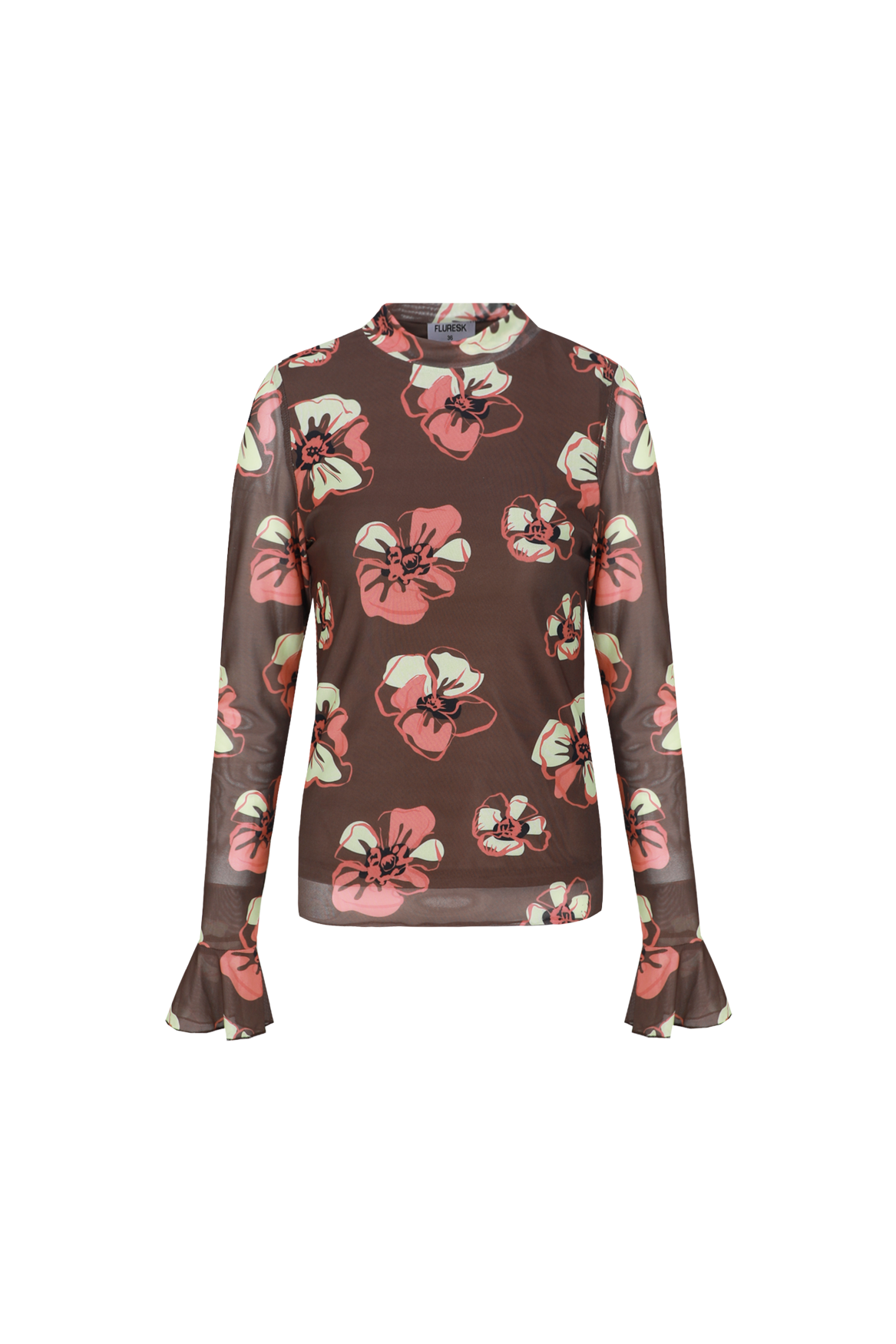 Fluresk longsleeve bruine met oranje bloemen print model Zarah top mocha brown citrus 26VZF08