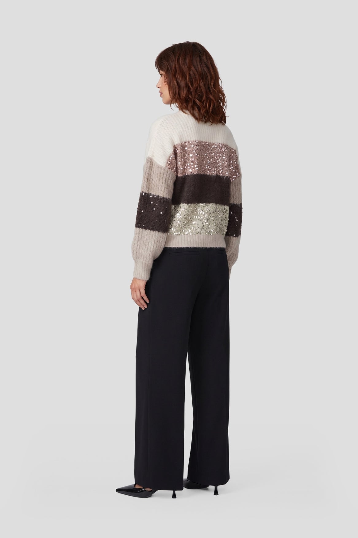 Fluresk trui beige bruin gestreept met pailletten model Livia knit sweater Light Camel/Dark Chocolate