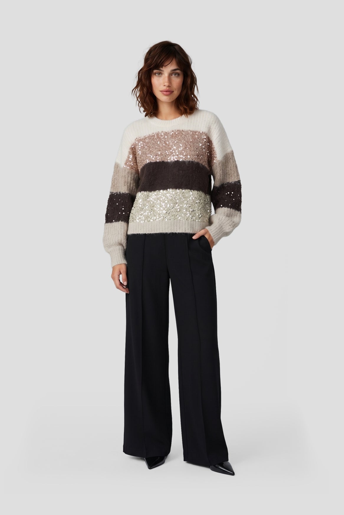 Fluresk trui beige bruin gestreept met pailletten model Livia knit sweater Light Camel/Dark Chocolate