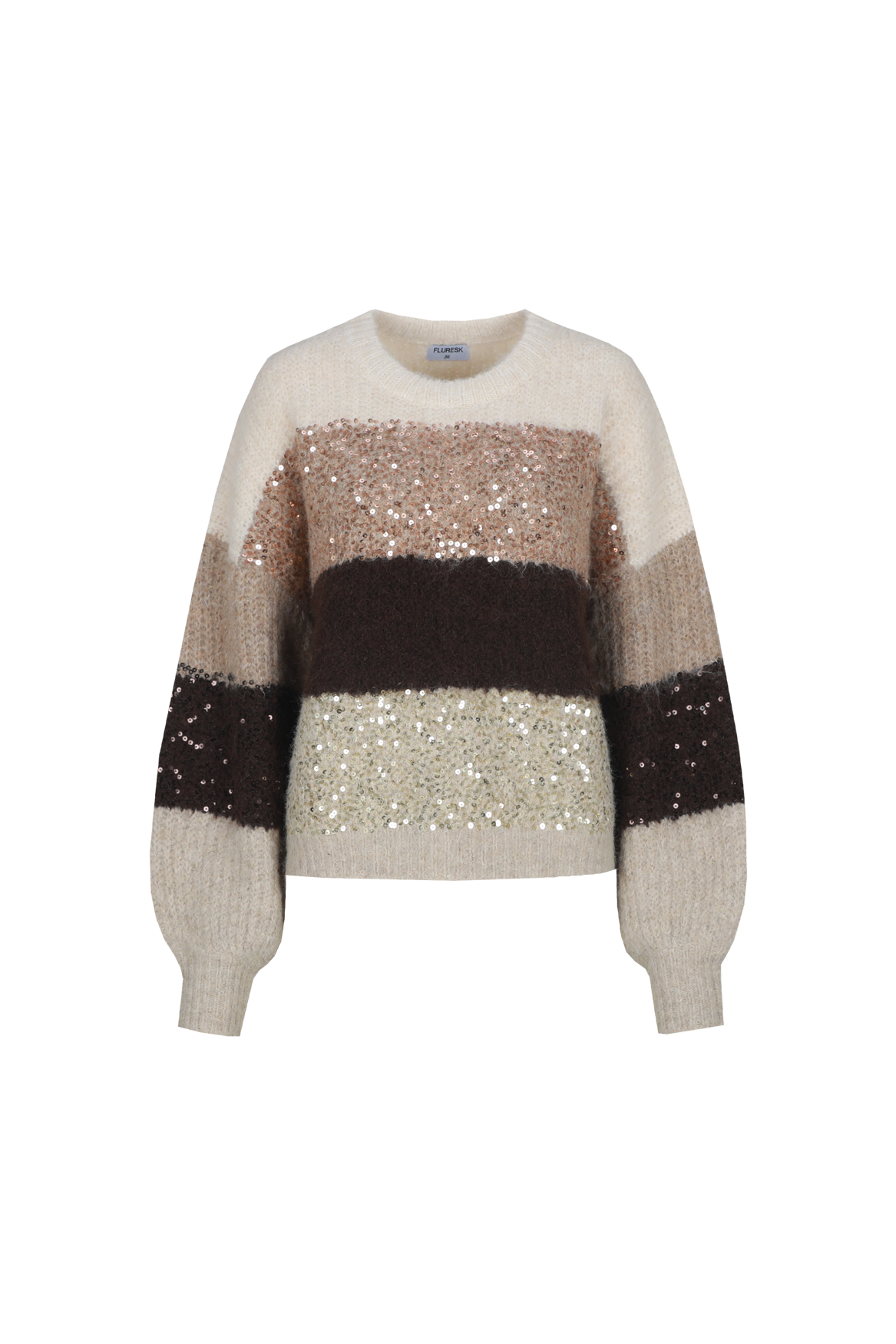Fluresk trui beige bruin gestreept met pailletten model Livia knit sweater Light Camel/Dark Chocolate