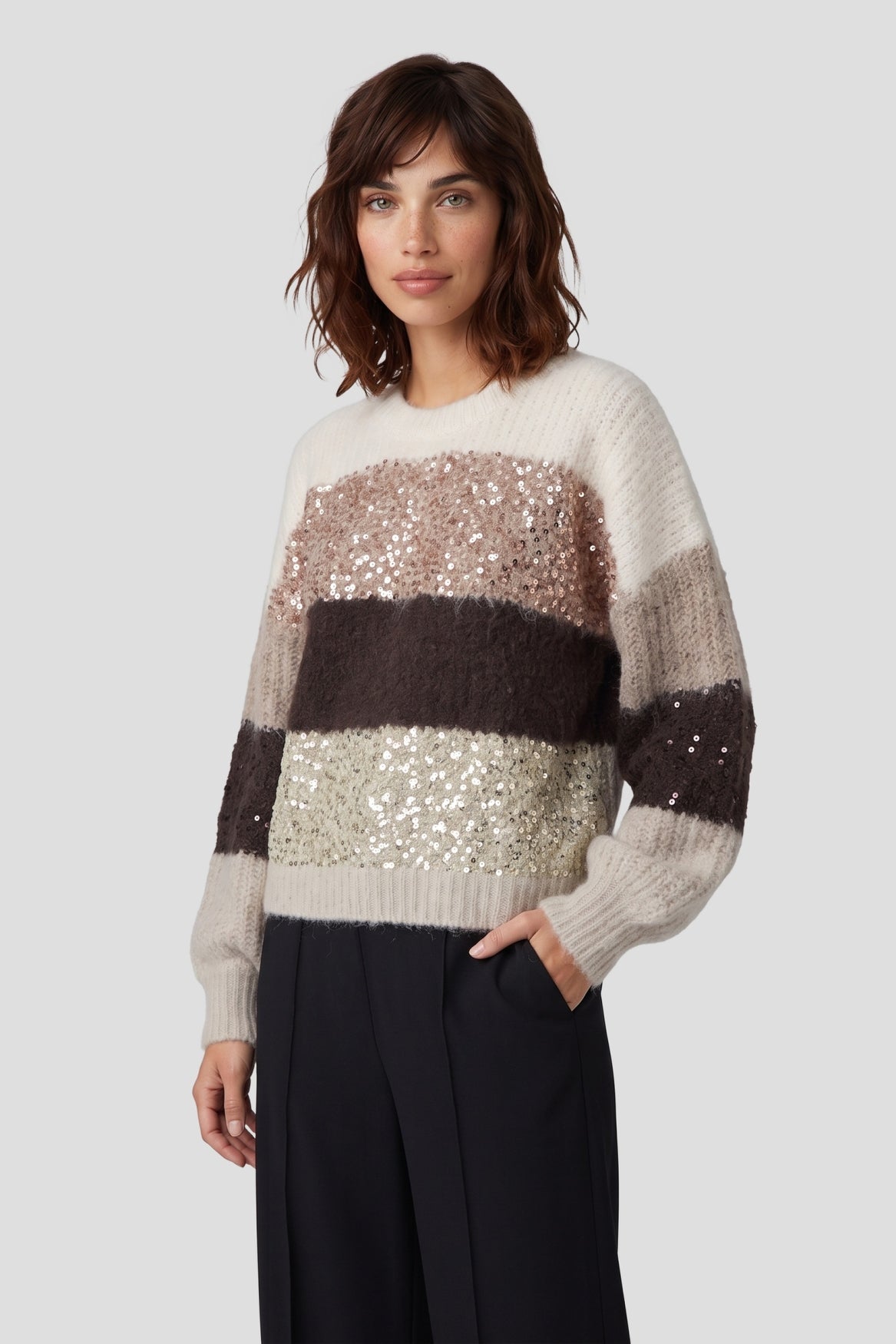 Fluresk trui beige bruin gestreept met pailletten model Livia knit sweater Light Camel/Dark Chocolate