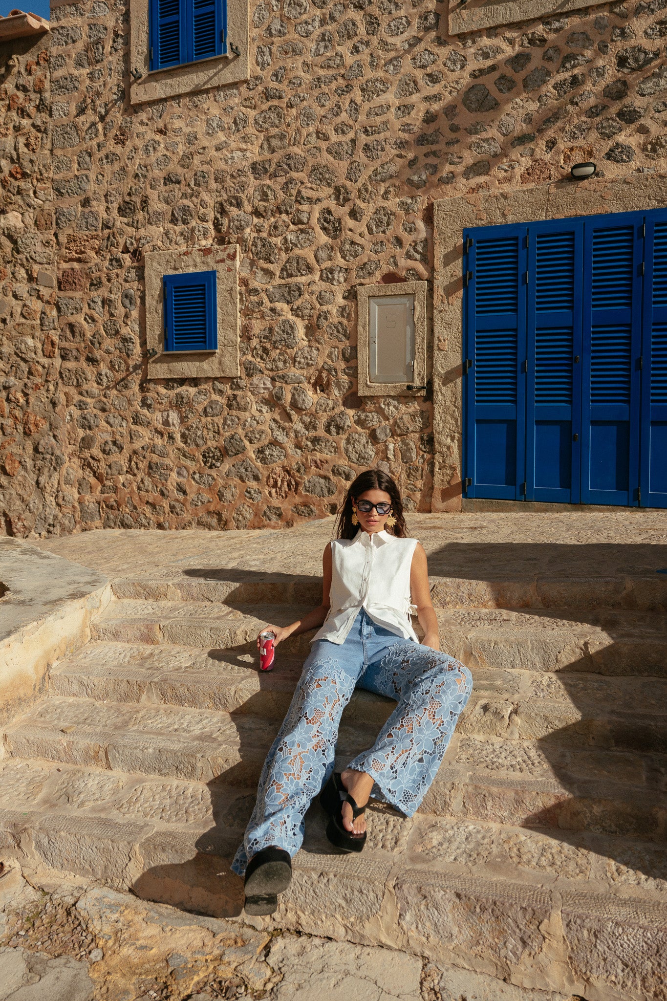 Fluresk jeans met kant blauw ella pants mid blue denim
