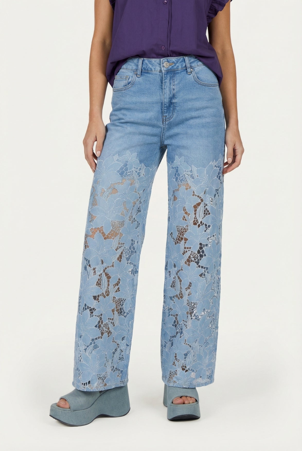 Fluresk jeans met kant blauw ella pants mid blue denim