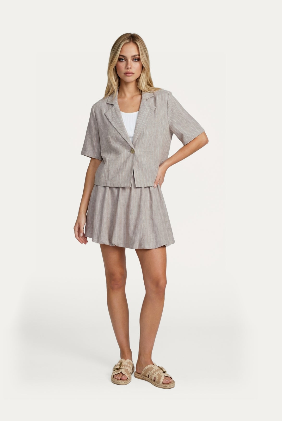 Fluresk blazer beige met lurex zand model Jodi walnut