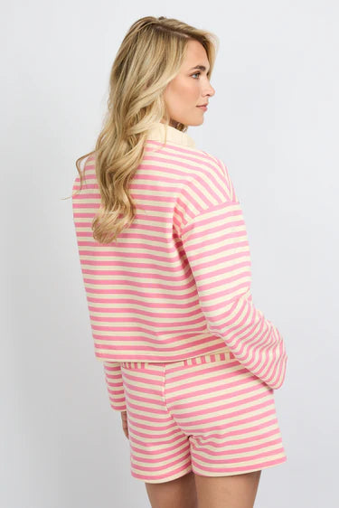 Fluresk polo sweater gestreept model Arelis roze offwhite strepen lip gloss