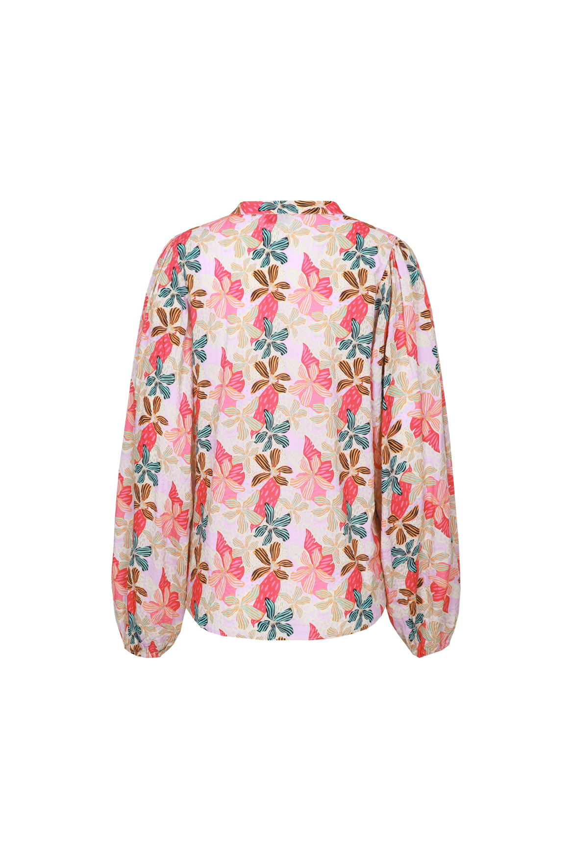 Fluresk blouse zand kleur met roze oranje bloemenprint model Belkis sand saffron orange