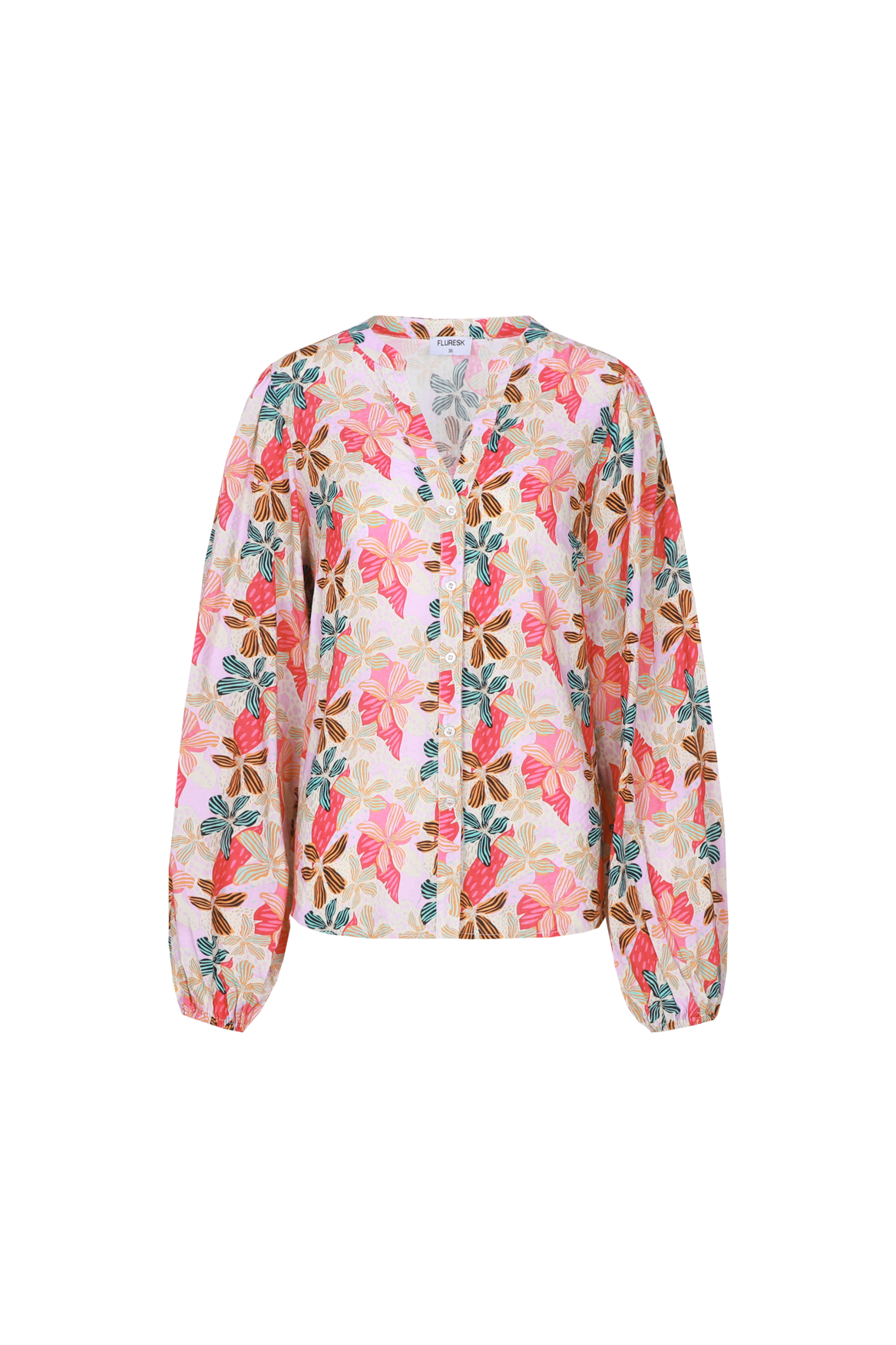 Fluresk blouse zand kleur met roze oranje bloemenprint model Belkis sand saffron orange