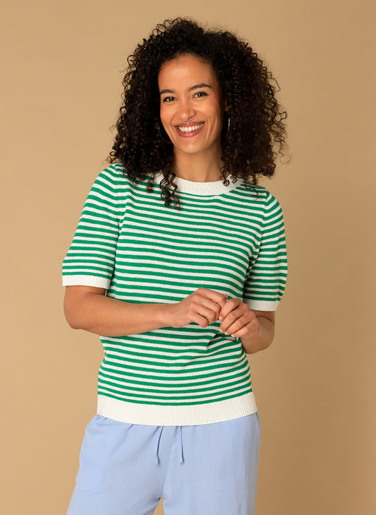 Ivy Beau truitje groen met offwhite strepen model Maia smaragd green multi