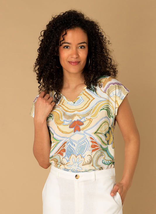 Ivy Beau t-shirt zandkleur print met blauw model Milla