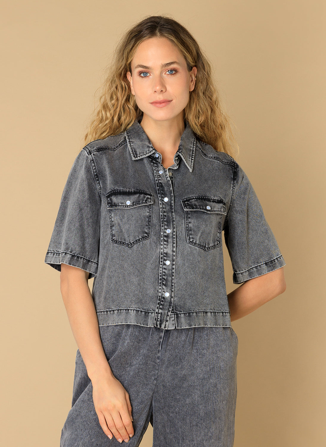 Ivy Beau blouse jasje grijs denim model Everly black