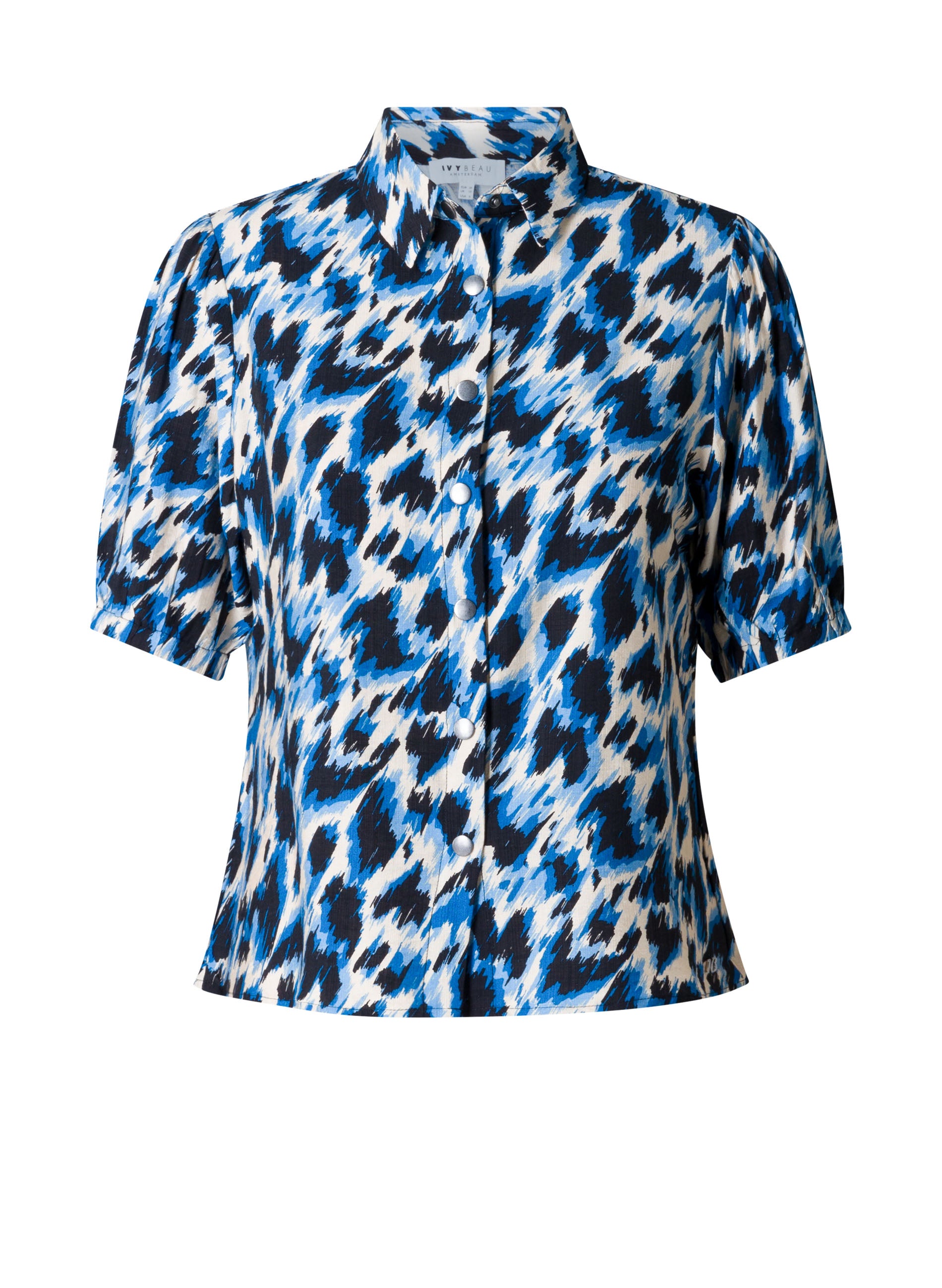 Ivy Beau blouse korte mouw blauwe print model Evelina