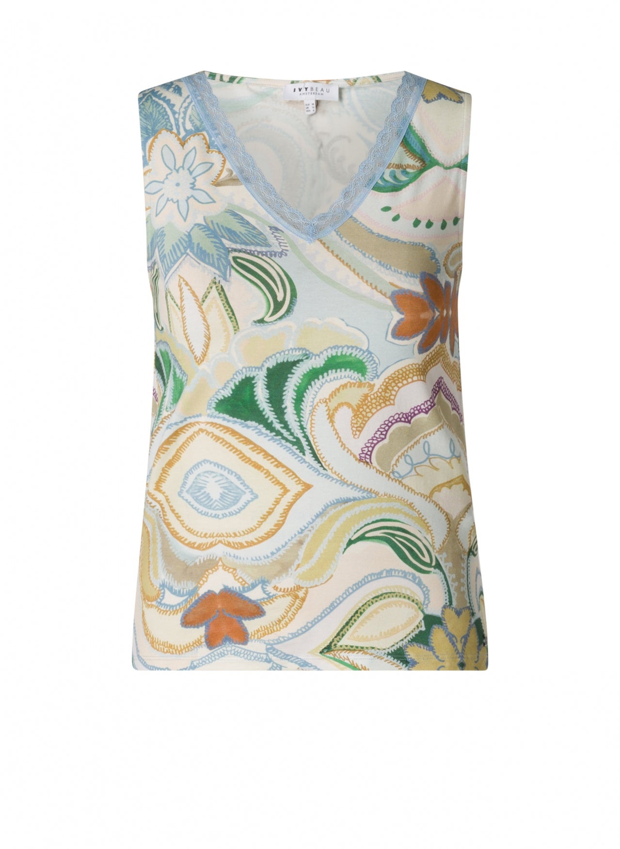 Ivy Beau top zand met blauwe print model Maisie 
