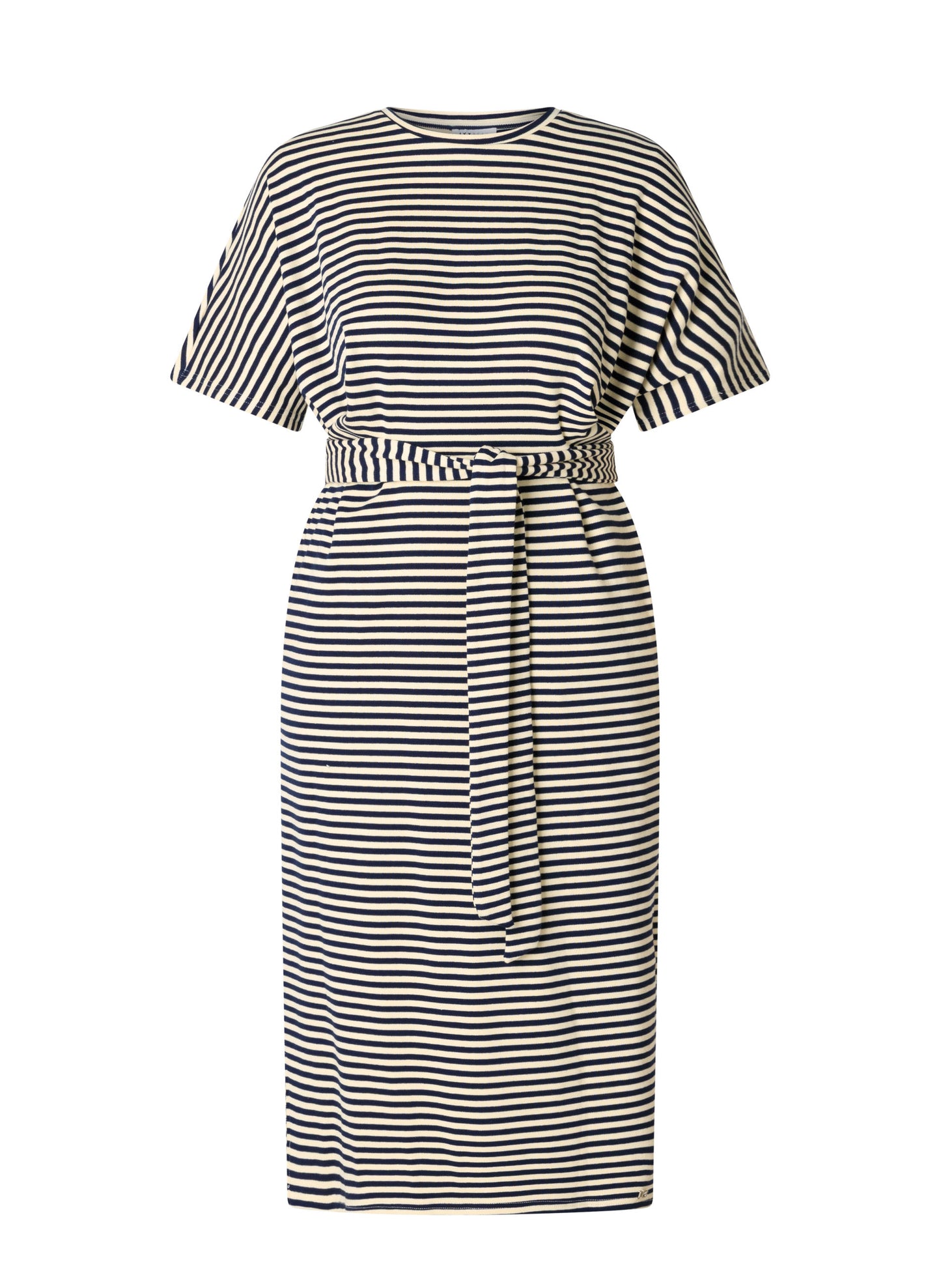 Ivy Beau jurk gestreept offwhite met donkerblauw model Vivi night blue