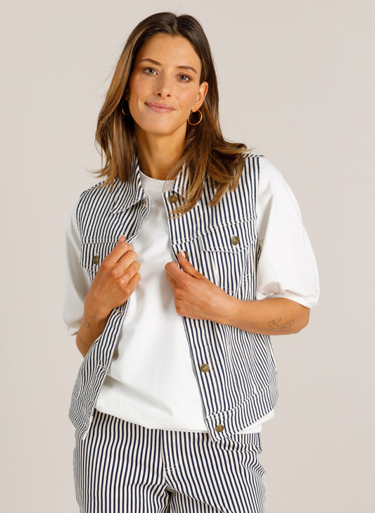 Ivy Beau gilet gestreept offwhite navy blauw model Vaneeza 