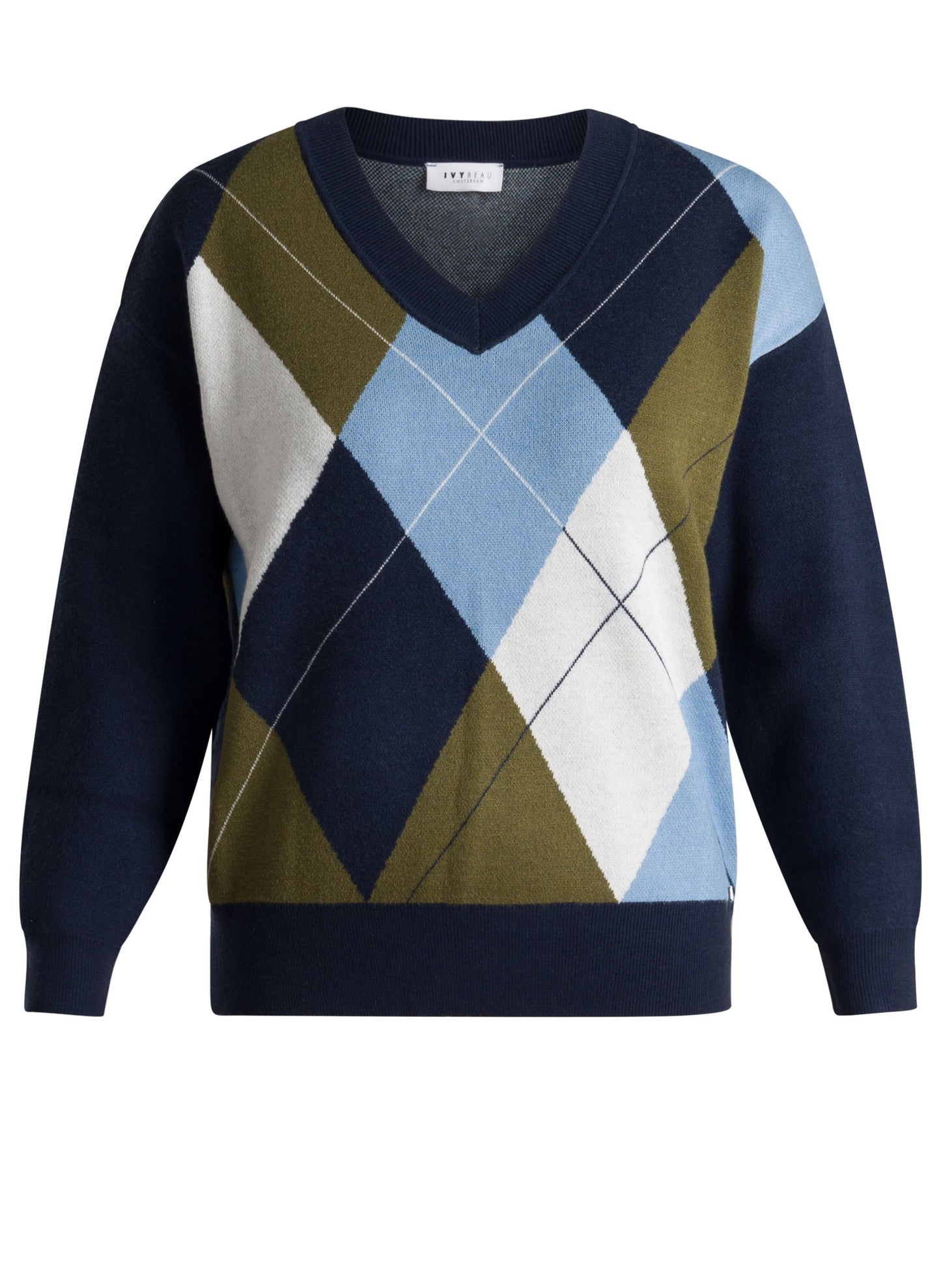Ivy Beau trui blauw met groene ruit model Heidi dark blue 4201159