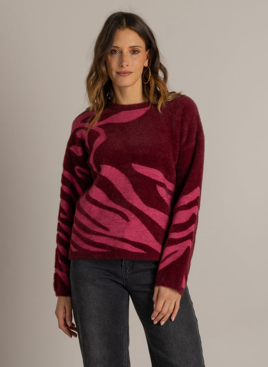Ivy Beau trui roze met rode print model Marlou dark wine red 