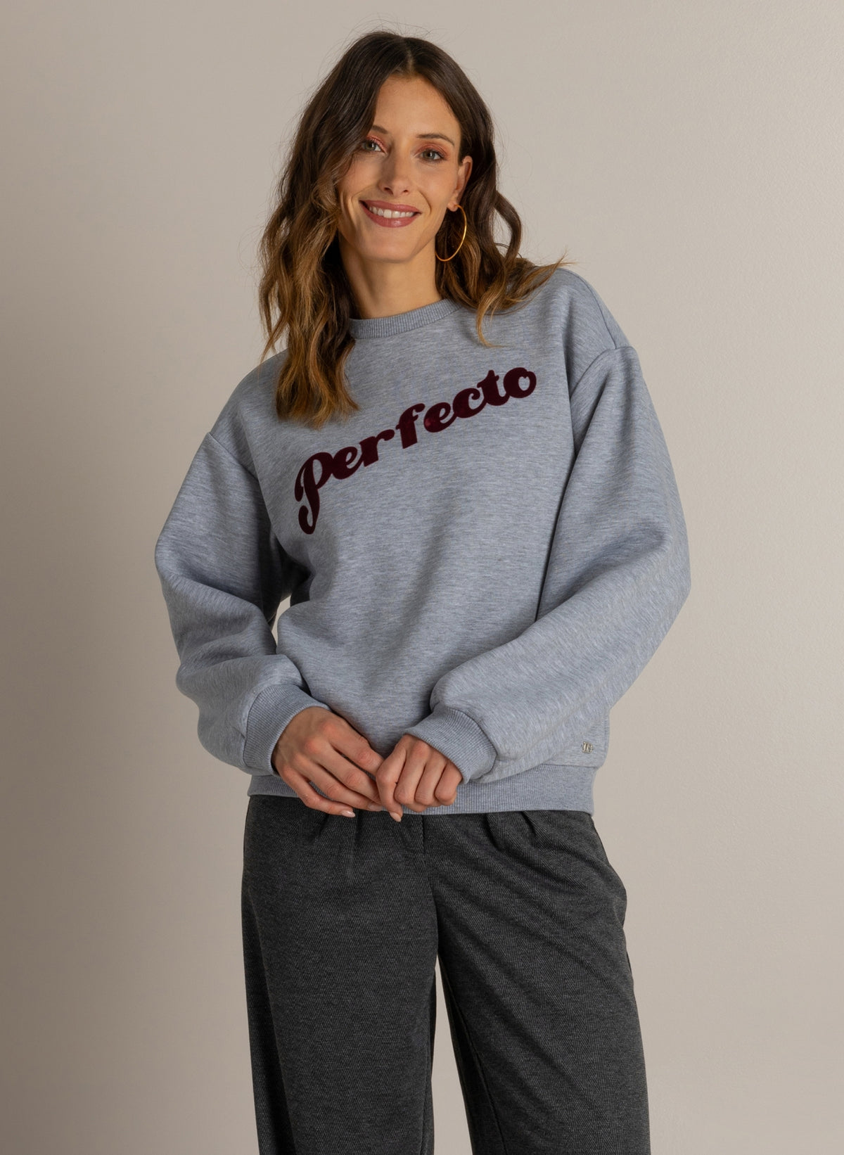 Ivy Beau sweater grijs met bordeaux rood velvet opdruk model Melis grey melange