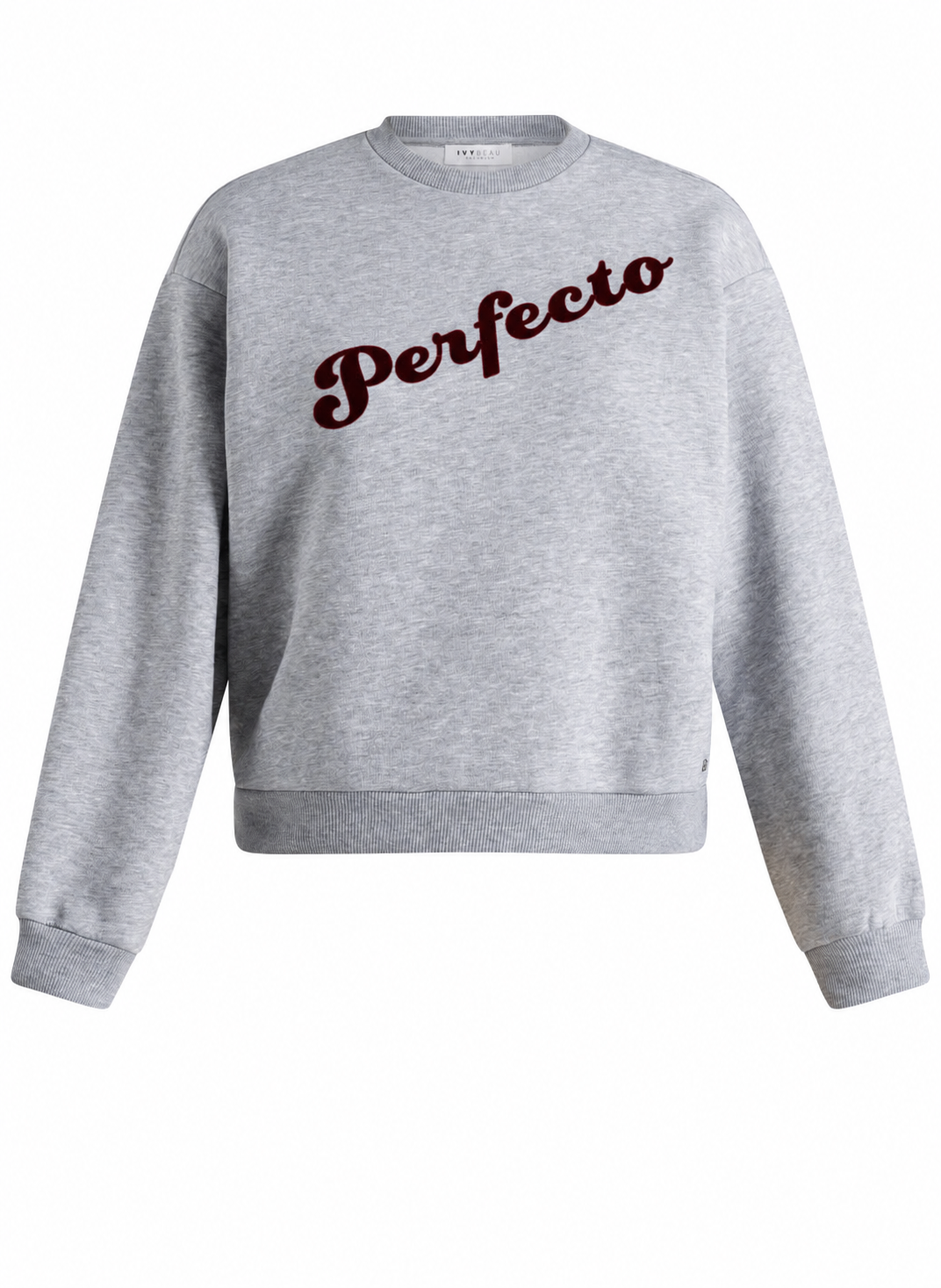 Ivy Beau sweater grijs met bordeaux rood velvet opdruk model Melis grey melange